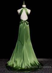 Green Soft Satin Halter Long Evening Dresses Party Dresses, Green A-line Evening Prom Dresses