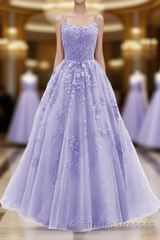 Light Purple Straps Lace-Up Long Formal Dresses, Light Purple Long Evening Prom Dresses Evening Prom Dresses