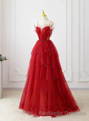 A-Line Tulle Layers Beaded Straps Long Party Dresses, Tulle Evening Prom Dresses Evening Prom Dresses
