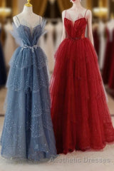 A-Line Tulle Layers Beaded Straps Long Party Dresses, Tulle Evening Prom Dresses Evening Prom Dresses
