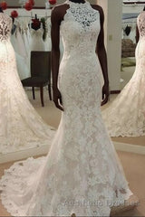 High Neck Mermaid Ivory Lace Wedding Dresses