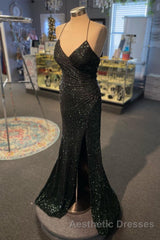 High Slit Blue Sequins Straps Mermaid Evening Prom Dresses