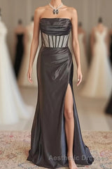 Black Strapless Mermaid Satin Long Evening Prom Dresses with Slit