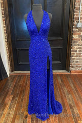 Backless Royal Blue Sequins Evening Prom Gown with Slit