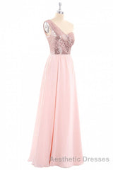 One-Shoulder Sequin and Chiffon A-Line Long Bridesmaid Dresses