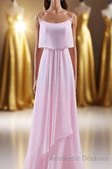 Pink Flounce Chiffon Straps A-line Long Bridesmaid Dresses