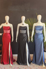 Black Strapless Mermaid Satin Long Evening Prom Dresses with Slit
