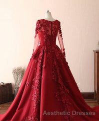 Burgundy Lace Satin Long Evening Prom Dresses, Burgundy Lace Evening Prom Dresses
