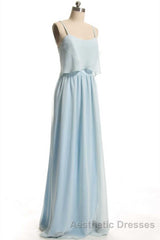 Dusty Blue Chiffon Spaghetti Straps Ruffled Long Bridesmaid Dresses