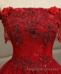 Burgundy Tulle Lace Long Evening Prom Gown Burgundy Tulle Lace Formal Dresses
