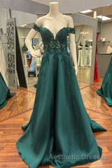 Hunter Green Lace Off-the-Shoulder A-Line Long Evening Prom Dresses