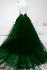 Dark Green Tulle With Lace Deep Neckline Backless Evening Prom Dresses, Dark Green Party Dresses