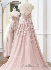 Pink Tulle With Lace Straps Long Party Dresses, Pink Tulle Evening Prom Dresses Evening Prom Dresses