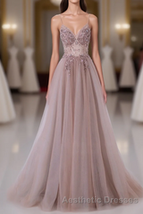 Pink V-Neckline Beaded Straps Long Party Dresses, A-Line Pink Tulle Floor Length Evening Prom Dresses