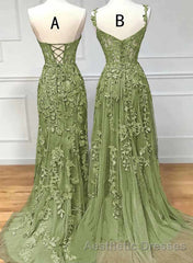 Lovely Sage Green Tulle With Lace Long Formal Dresses, Sweetheart Evening Prom Dresses