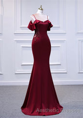 Wine Red Mermaid Sweetheart Straps Long Formal Dresses, Wine Red Evening Prom Dresses