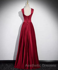 A-Line Sleeveless Wine Red Satin Evening Prom Dresses, Wine Red Long Evening Prom Dresses