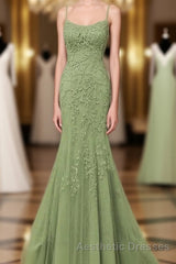 Lovely Sage Green Straps Mermaid Long Formal Dresses, Lace-Up Evening Prom Dresses Evening Prom Dresses