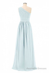 Dusty Blue Chiffon One-Shoulder Banded Waist Bridesmaid Dress