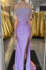Lilac Beaded Off-the-Shoulder Long Formal Dresses with Slit