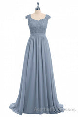 Dusty Blue Lace Cap Sleeve A-Line Floor-Length Bridesmaid Dresses