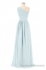Dusty Blue Chiffon One-Shoulder Banded Waist Bridesmaid Dresses