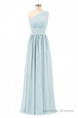 Dusty Blue Chiffon One-Shoulder Banded Waist Bridesmaid Dress