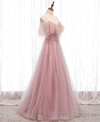 Pink Sweetheart Tulle Long Evening Prom Dresses, Pink Tulle Formal Dresses, 1