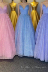 Cute V-Neck Tulle Long Evening Prom Dresses, A-Line Evening Prom Dresses