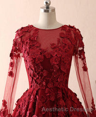 Burgundy Lace Satin Long Evening Prom Dresses, Burgundy Lace Evening Prom Dresses