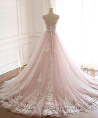 Pink Sweetheart Lace Tulle Long Evening Prom Dresses, Lace Pink Evening Dresses