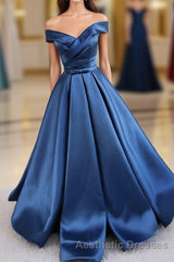 Simple Blue Satin Long Evening Prom Dresses, Blue Formal Dresses