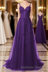 Purple A-Line Tulle Off Shoulder Long Evening Prom Dresses With Lace, Purple Evening Prom Dresses Party Dresses