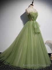 Green Tulle Long Evening Prom Dresses, Green Tulle Formal Dresses