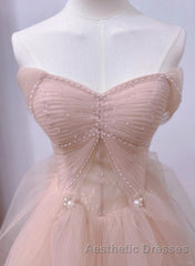Pink Sweetheart Tulle Beaded Long Party Dresses, Pink Tulle Evening Prom Dresses Evening Prom Dresses