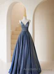 Blue V-Neckline Straps Low Back A-Line Evening Prom Dresses, Blue Long Evening Prom Dresses