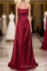 A-Line Sleeveless Wine Red Satin Evening Prom Dresses, Wine Red Long Evening Prom Dresses