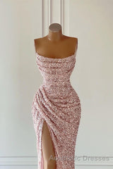 New Arrival Pink Sequins Sleeveless Evening Prom Dresses With Split