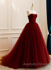 Wine Red Tulle Scoop Long Formal Dresses, Wine Red Tulle Evening Prom Dresses Party Dresses