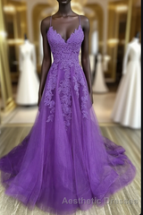 V-Neckline Purple A-Line Straps Long Evening Prom Dresses, Purple Long Evening Prom Dresses Party Dresses