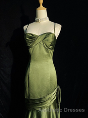 Green Chic Style Long Satin Sweetheart Party Dresses, Green Formal Dresses