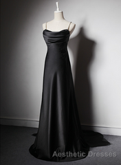 Black Soft Satin A-Line Floor Length Evening Prom Dresses, Black Straps Long Evening Prom Dresses