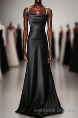 Black Soft Satin A-Line Floor Length Evening Prom Dresses, Black Straps Long Evening Prom Dresses