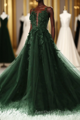 Green A-Line Tulle With Lace Low Back Evening Prom Dresses, Green Tulle Evening Prom Dresses Party Dresses