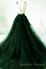 Green A-Line Tulle With Lace Low Back Evening Prom Dresses, Green Tulle Evening Prom Dresses Party Dresses