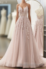 Pink Tulle With Lace Straps Long Party Dresses, Pink Tulle Evening Prom Dresses Evening Prom Dresses