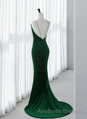 Green Velvet Mermaid Straps Long Formal Dresses, Green Evening Prom Dresses Party Dresses