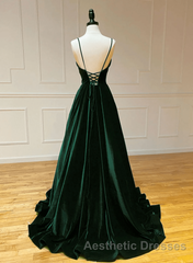 Green V-Neckline Straps Lace-Up A-Line Evening Prom Dresses, Green Velvet Long Evening Prom Dresses