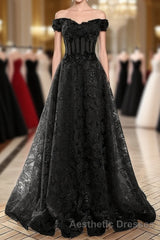 A-Line Off Shoulder Black Tulle With Lace Party Dresses, Black Long Evening Prom Dresses