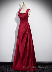 A-Line Sleeveless Wine Red Satin Evening Prom Dresses, Wine Red Long Evening Prom Dresses